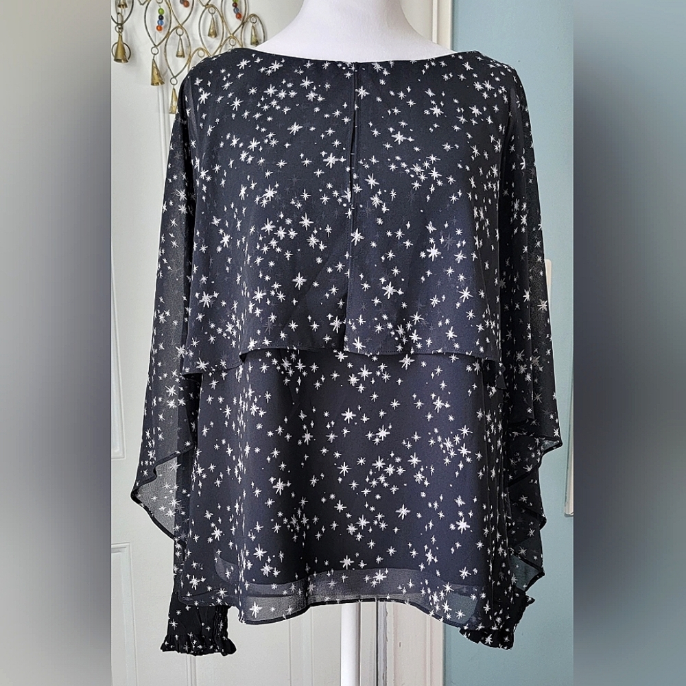 Laundry by Shelli Segal Blouse Women's 8 Black & White Twinkle Star Long-sleeved